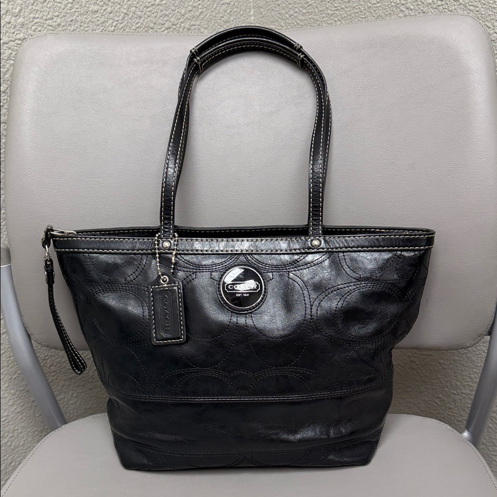 Coach Vintage Black Signature Leather Tote